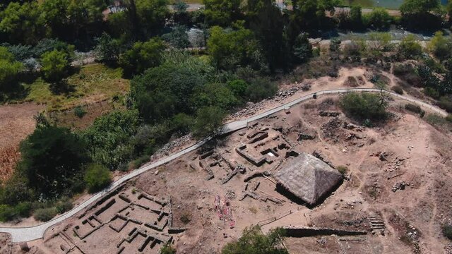 4k daytime drone aerial footage with archaeological site of Kotosh near Huanuco in Peru. Point of interest circular wide shot.