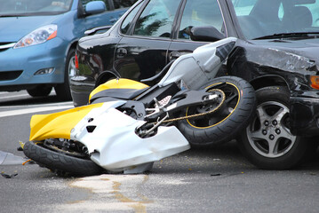 Car and motorcycle accident outdoors. - obrazy, fototapety, plakaty