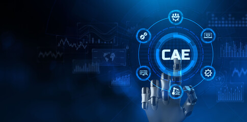 CAE Computer-aided engineering CAD system. Technology concept on screen. 3D rendering.