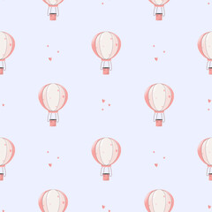 Seamless pattern with pink aerostat and hearts. Children's cute pattern
