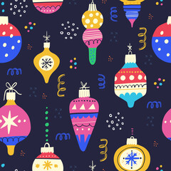 Christmas tree toys flat vector seamless pattern