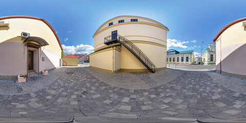 full seamless spherical hdri panorama 360 degrees angle near old houses in narrow courtyard of city bystreet in equirectangular projection, ready for VR AR virtual reality content