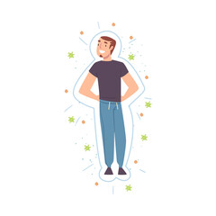 Healthy Guy Reflecting Bacterias and Viruses Attack, Strong Immune System Concept Cartoon Style Vector Illustration