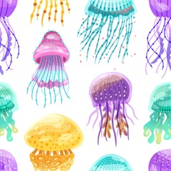 Colorful seamless pattern with different vibrant jellyfish. Repeatable background with swimming medusa. Vector cartoon illustration of ocean underwater creatures
