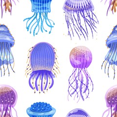 Colorful seamless pattern with violet and blue jellyfish. Repeatable background with swimming medusa. Vector cartoon illustration of exotic underwater creatures