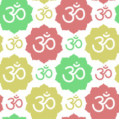 Om sign seamless pattern. Vector sacral icon. Meditation line symbol. Yoga background. Color illustration