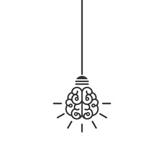 Line bulb with brain and rays on nlue background. New idea, intellect sign. smart, clever, creative symbol