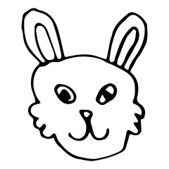 Obraz premium Cartoon doodle linear funny bunny, rabbit muzzle isolated on white background. Vector illustration.