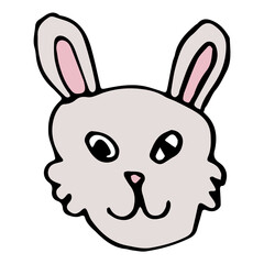 Cartoon doodle linear funny bunny, rabbit muzzle isolated on white background. Vector illustration.