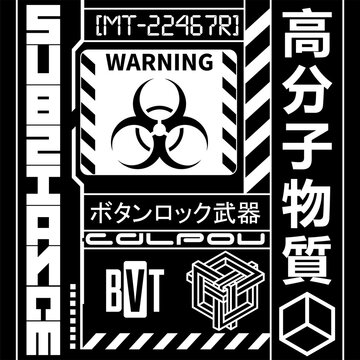 Cyberpunk Futuristic Pattern Texture. Symbols and text in Cyberpunk style for cloth and interface. Japanese and Korean inscriptions. Vector Illustration
