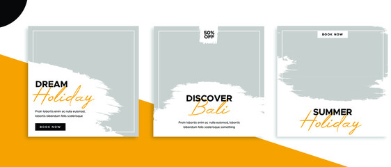 Set of editable square banner templates for Instagram post, Facebook post, for corporate, company, tour tourism, advertisement, and business. With simple white and orange color. (1/3)