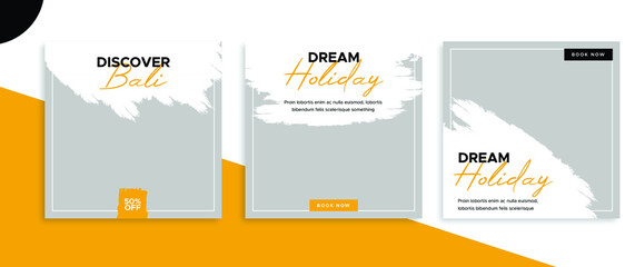 Set of editable square banner templates for Instagram post, Facebook post, for corporate, company, tour tourism, advertisement, and business. With simple white and orange color. (2/3)