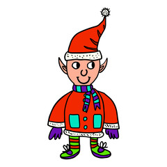 Cute doodle Christmas and Happy New Year elf in Santa hat isolated on white background. Vector illustration.