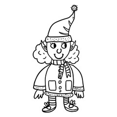 Cute doodle Christmas and Happy New Year female elf in Santa hat isolated on white background. Little woman. Vector illustration.
