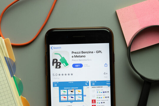 New York, USA - 26 October 2020: Prezzi Benzina GPL e Metano mobile app logo on phone screen close up, Illustrative Editorial