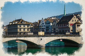 Watercolor drawing of Munsterbrucke Bridge over the river Limmat in the historic city center of Zurich, Canton of Zurich, Switzerland