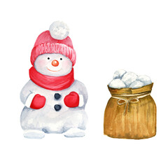 Watercolor illustration Snowman and Snowballs