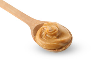Spoon with peanut butter isolated on white background