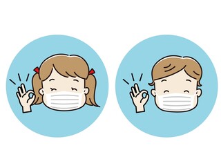 マスクをして笑顔でOKサインの子供たち　円形アイコン