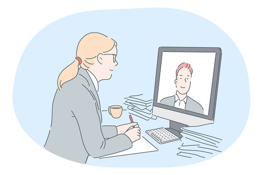 Online meeting, business communication, distant work, teleconference concept. Young business lady cartoon character sitting and communicating with colleague online during video call online conference