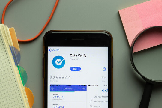 New York, USA - 26 October 2020: Okta Verify Mobile App Logo On Phone Screen Close Up, Illustrative Editorial