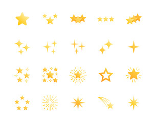 Stars flat glyph icons set. Starry night, falling star, firework, twinkle, glow, glitter burst vector illustrations. Gold yellow gradient signs for glossy material property. Silhouette pictogram - obrazy, fototapety, plakaty