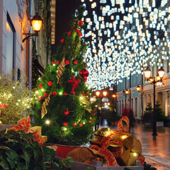 Night decoration on city streets blue and golden lights lamp. Christmas tree with red balls on New Years Eve