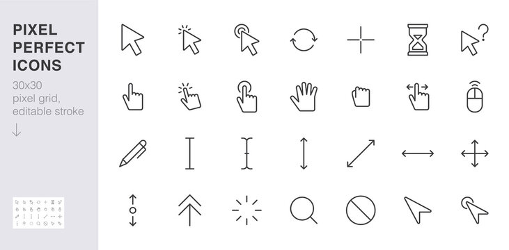 Cursor line icon set. mouse click, hand tap, arrow pointer, type here, scroll, hourglass, finger minimal vector illustration. Simple outline sign for selection. 30x30 Pixel Perfect Editable Stroke