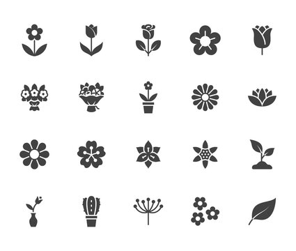 Flower silhouette icon set. Rose, tulip in vase, fruit bouquet, spring blossom, cactus, chamomile, sakura minimal vector illustration Simple black solid glyph signs for flowers delivery application
