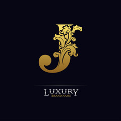Golden initial letter J with floral leaves. Luxury Natural Logo Icon. Elegant botanic design. Modern alphabet with branch ornament for monogram, emblem, initial, label, brand, business, greeting card
