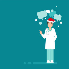 Man doctor with speech bubbles and Christmas hat on blue background.