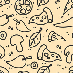 Seamless pattern with pizza design elements in line style. For poster,card, banner, flyer. Vector illustration