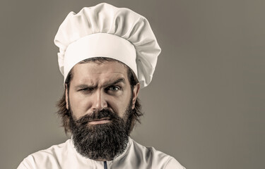 Bearded chef, cooks or baker. Bearded male chefs isolated. Confident bearded male chef in white...