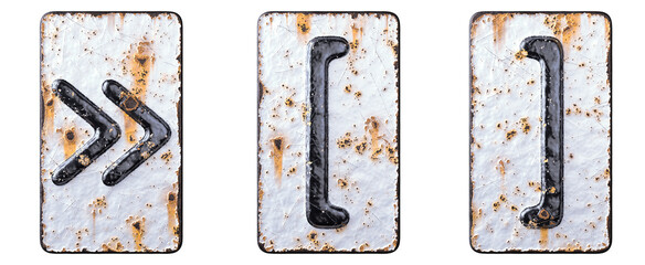 Set of symbols quotation mark, left and right square bracket made of forged metal on the background fragment of a metal surface with cracked rust.