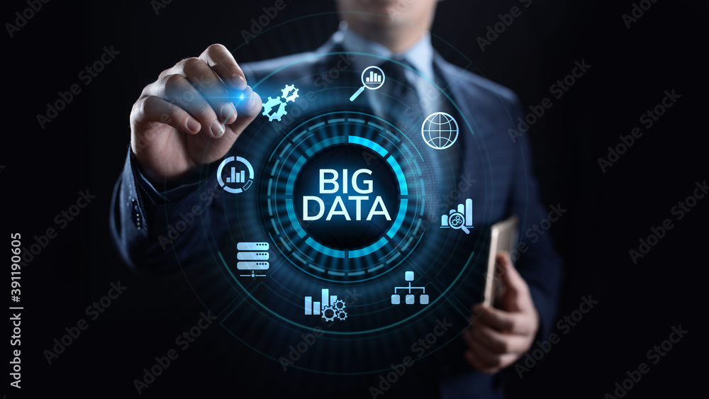 Poster big data analytics technology internet technology concept. businessman pressing button on virtual sc
