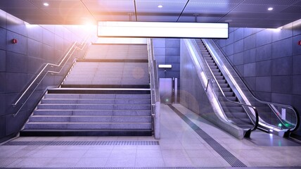 The stairs in the subway, entrance to ground. Staircase in metro station in modern city space.