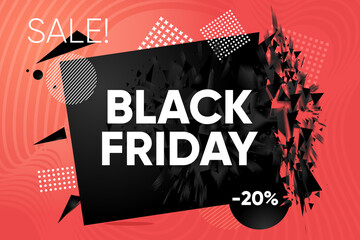 Black Friday banner. Discount and sale label. Abstract explosion shape with black particles. Bang futuristic design element with modern graphic. Modern style.