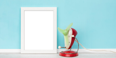 Banner artwork mockup template for online shop with white vertical blank picture frame and vintage...