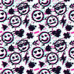 Emoticon seamless pattern. Smile face icon background. Glitch style. Vector texture.