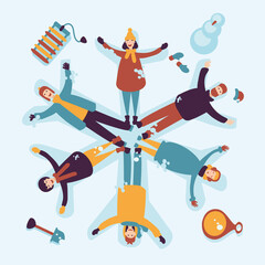 People lie in the snow in the shape of snowflake. Christmas vacation illustration. Flat style. New year team party.