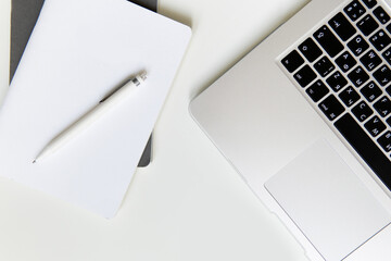 workspace with laptop white and gray notepad and palm leaf and phone. two notepads lie on a plain background with a pen. business concept for meeting in boho style. space for writing in the style of w