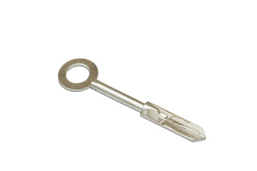Silver colored metal key isolated on white background