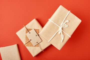 Christmas gifts wrapped in kraft paper with decoration