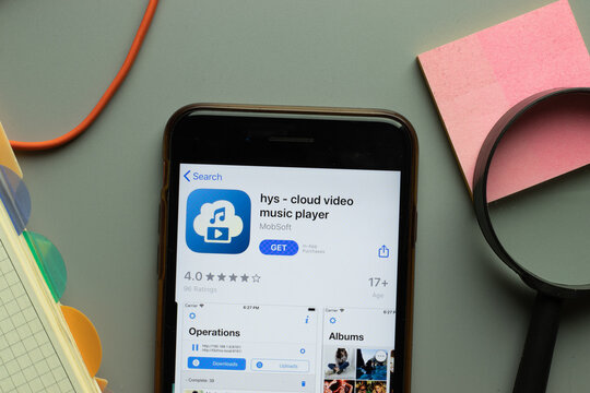 New York, USA - 26 October 2020: hys cloud video music player mobile app logo on phone screen close up, Illustrative Editorial