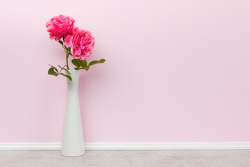 Background with pink roses in a vase in front of pink wall with copy space