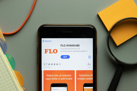 New York, USA - 26 October 2020: FLO AYAKKABI mobile app logo on phone screen close up, Illustrative Editorial