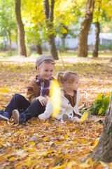 The elder brother and little sister are walking and laughing in the autumn park. Family and Children. Autumn mood
