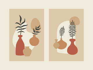 Abstract plant poster set. Scandinavian boho art print wall decor contemporary style, mid century bohemian cards. Vector illustration © Yelyzaveta