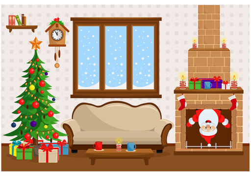 New year vector room with decorations, Christmas tree and Santa in the fireplace. Humor illustration on the theme of new year and Christmas.