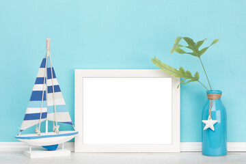 Maritime poster artwork online shop mockup template with white wooden horizontal picture frame,...